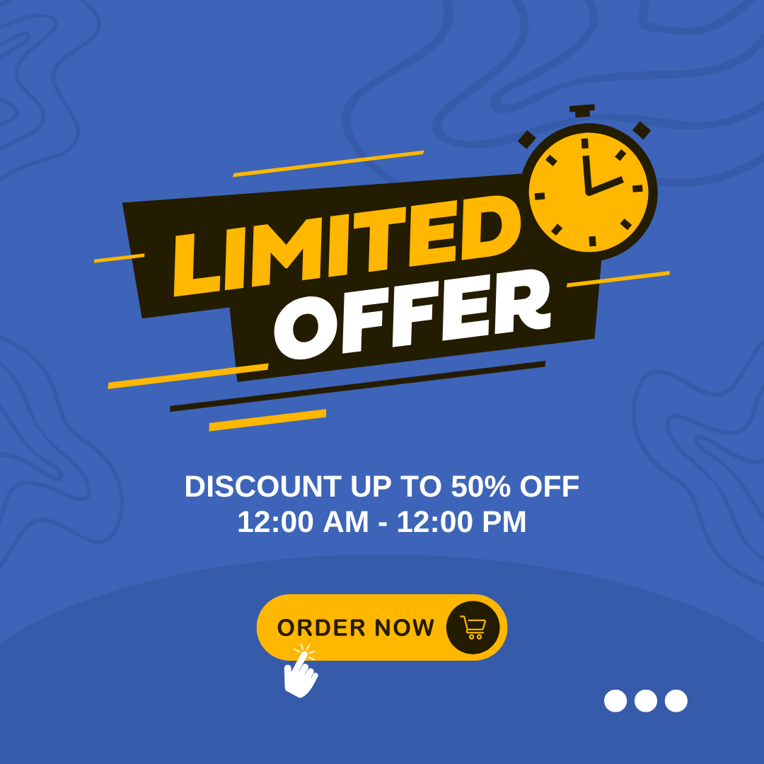 Limited-Time Offer Example for Shopify Stores UK – AdScaleo (2025) Blue Shopify limited-time offer graphic with countdown and order now button – urgency example for UK stores
