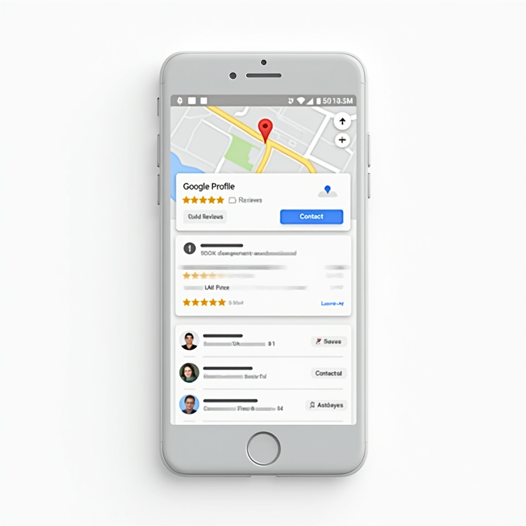 Google Business Profile Optimization for UK Businesses 2025 β AdScaleo Smartphone screen showing an optimized Google Business Profile listing with reviews, map location, and contact button for UK businesses