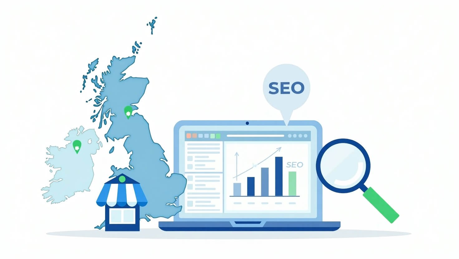 Local SEO Tips for UK Small Businesses 2025 - AdScaleo Illustration of Local SEO strategy for small businesses in the UK with SEO dashboard and UK map