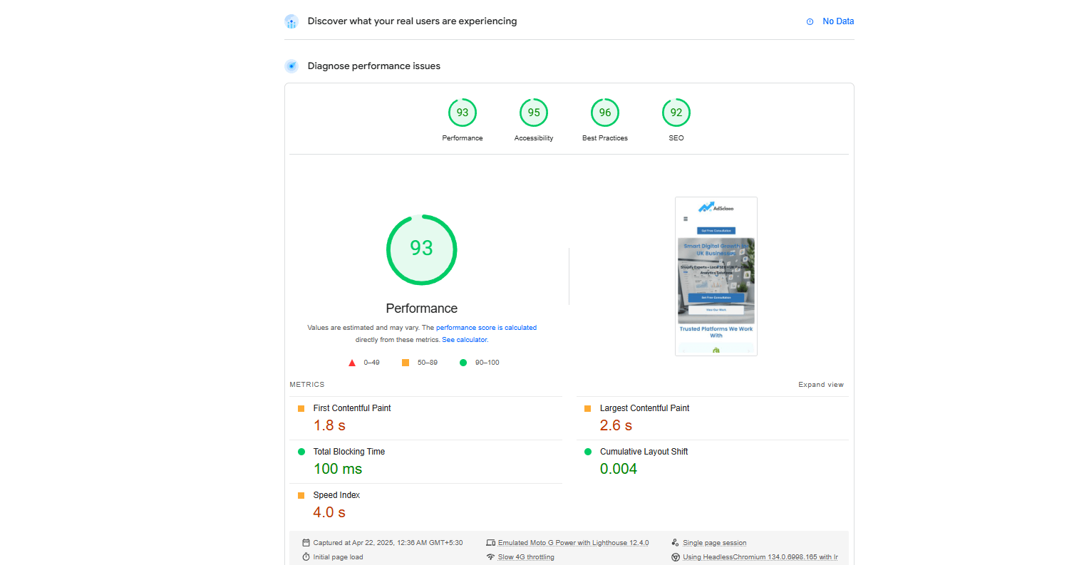 Mobile SEO Performance Test for AdScaleo - Google PageSpeed Insights 2025 Mobile performance report showing PageSpeed Insights results after mobile SEO optimization for AdScaleo in 2025