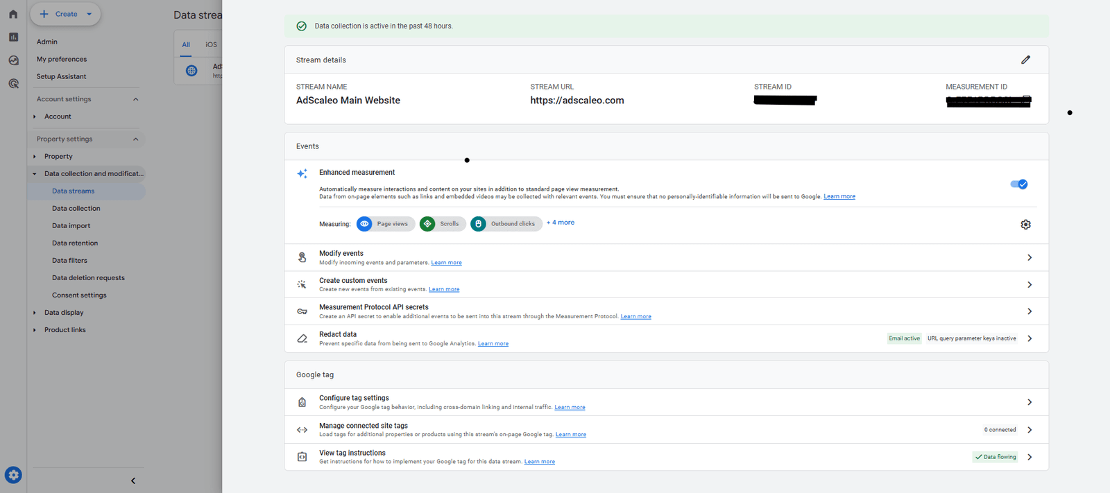 GA4 stream settings screen for Shopify store tracking in 2025