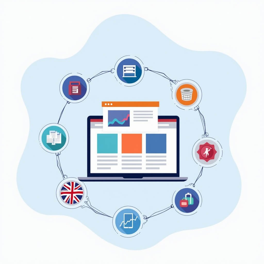 Featured illustration showing the best tools for small business website setup and marketing in the UK in 2025, including SEO, analytics, hosting, and design icons around a website dashboard