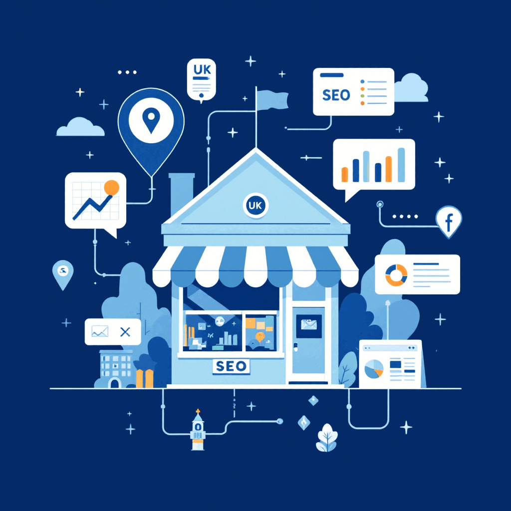 Flat illustration of a UK local business surrounded by digital marketing strategy elements like SEO, analytics, and social media – for 2025 marketing blog