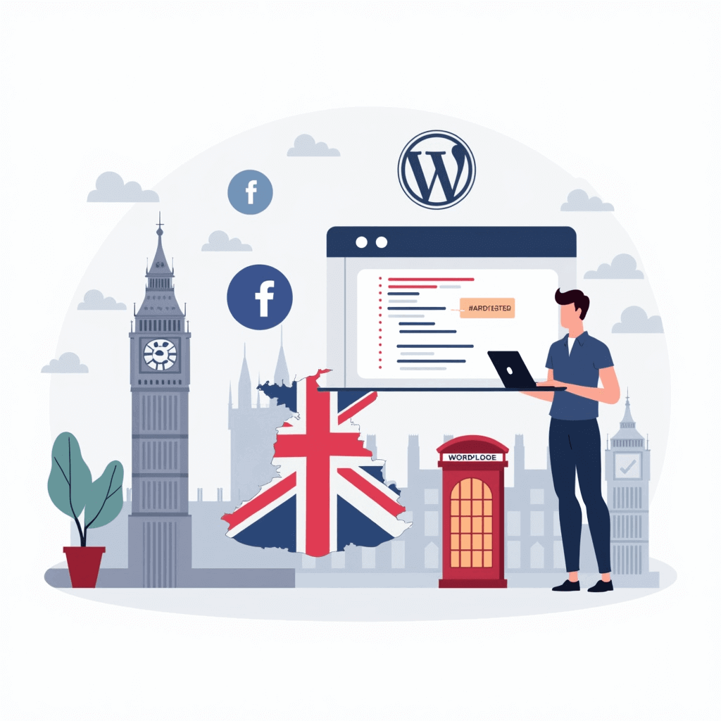 Flat-style illustration of a UK business owner setting up Facebook Pixel on a WordPress site with Big Ben, Union Jack, and code editor in the background