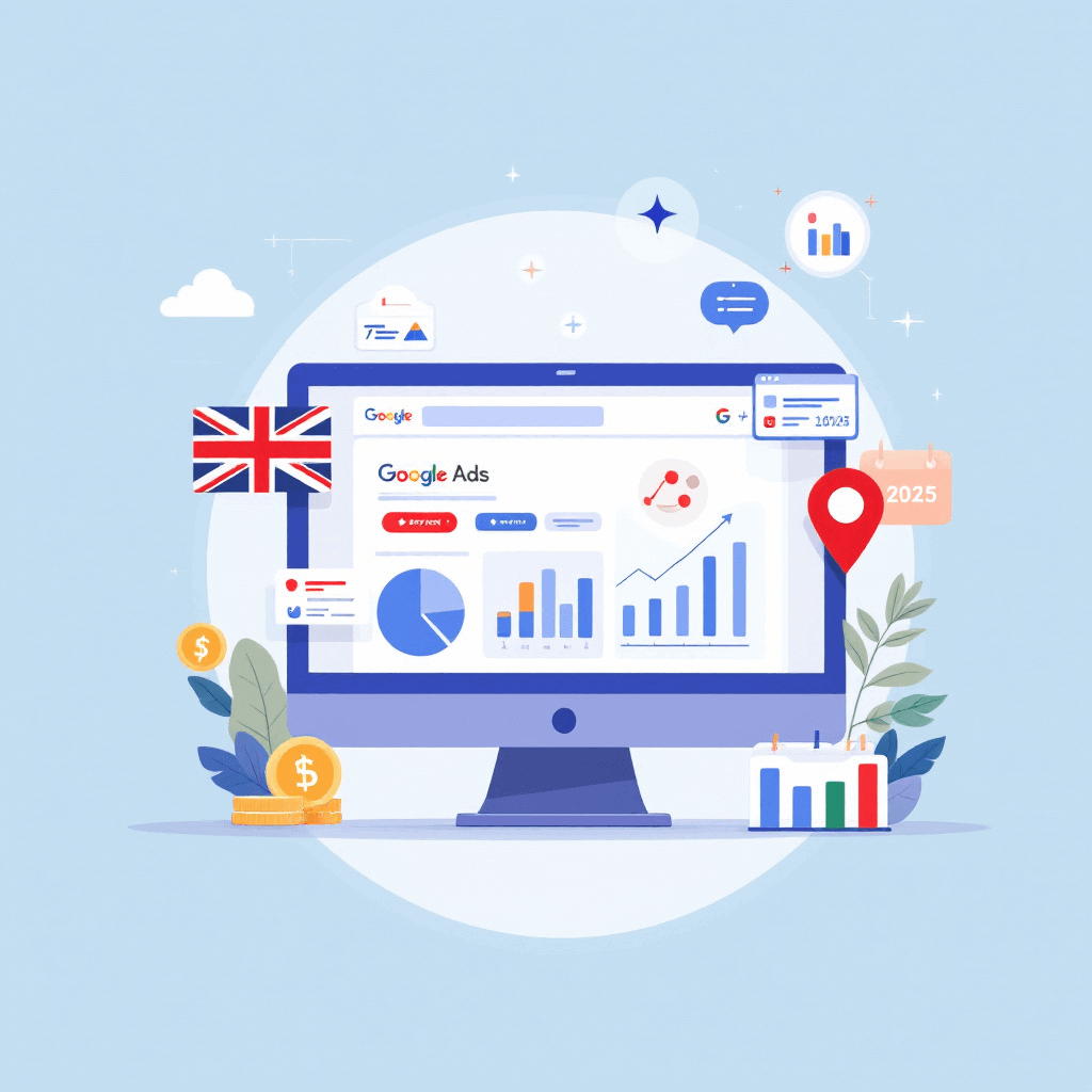Illustration of Google Ads dashboard with UK flag, analytics icons, and digital marketing elements for UK businesses in 2025