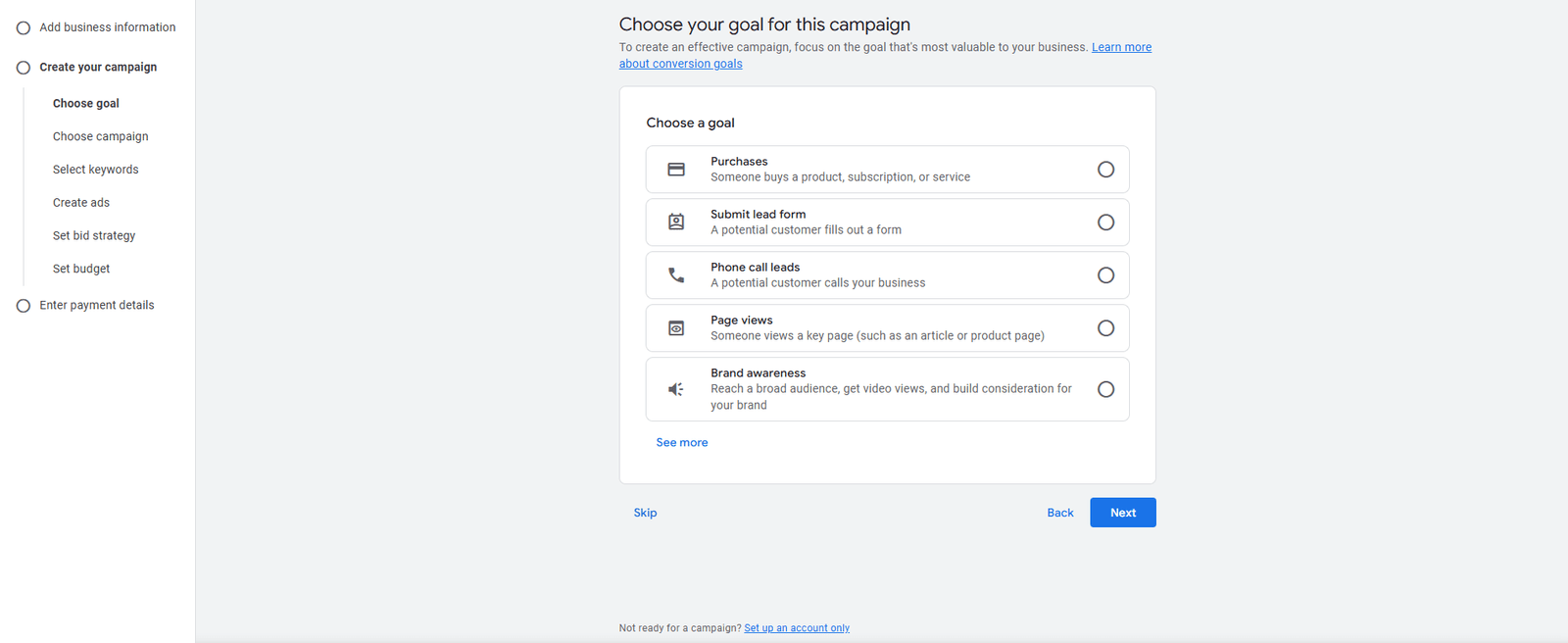 Google Ads dashboard with setup options for creating an account in the UK 2025