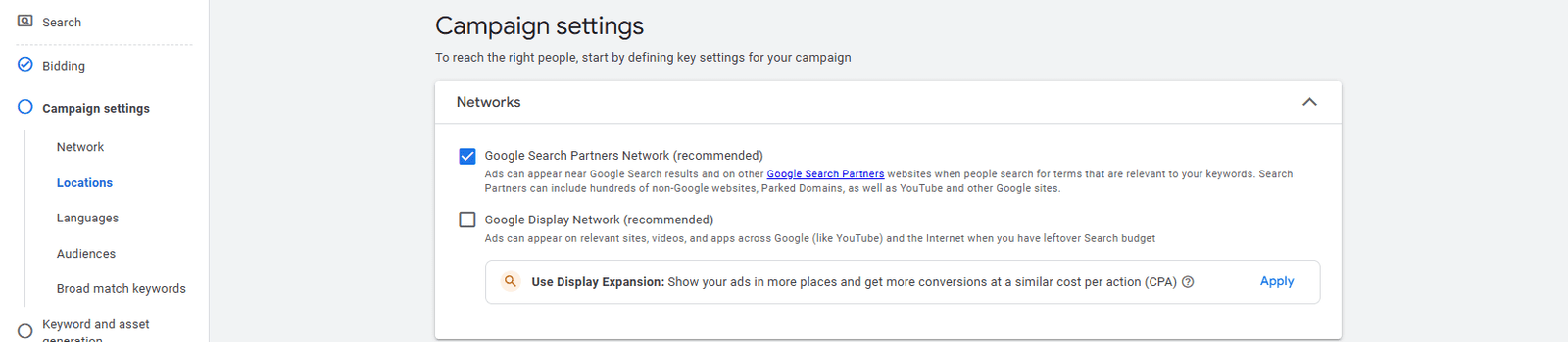 Google Ads UK 2025 campaign settings screenshot showing Google Search Partners and Display Network options for targeting