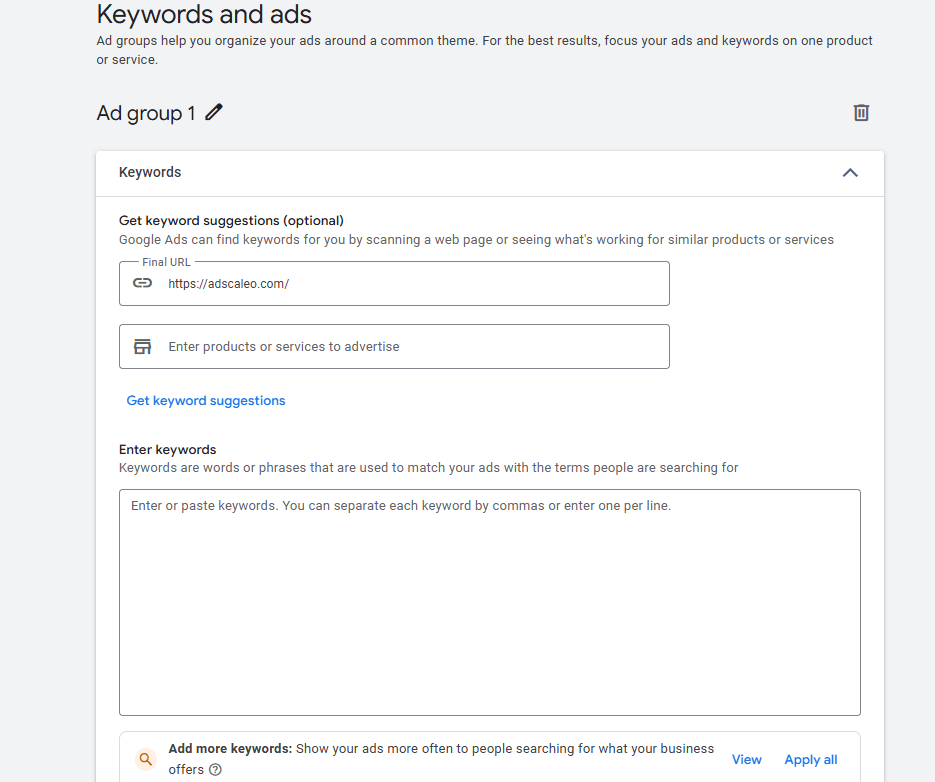Google Ads UK 2025 campaign setup step 7 showing keyword and ad entry screen for UK businesses