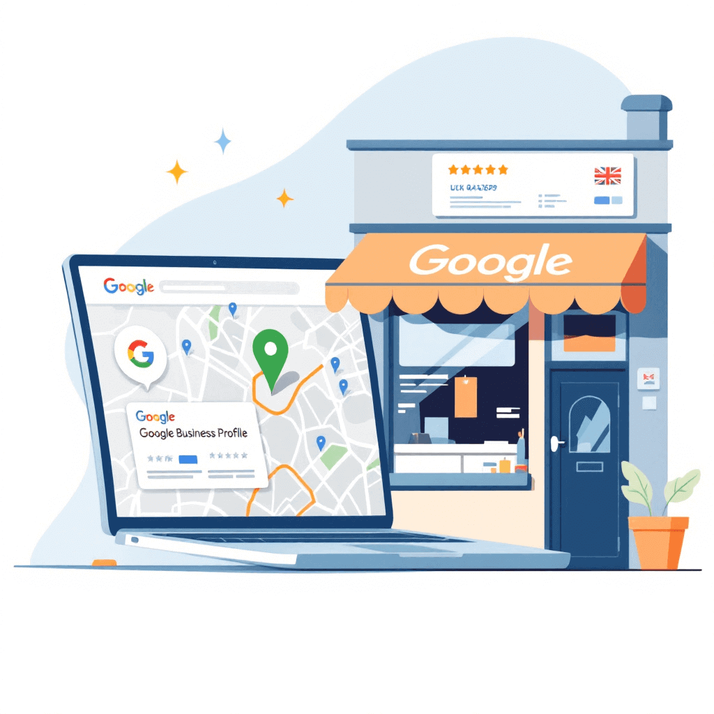Illustration showing a Google Business Profile setup for UK local marketing strategies