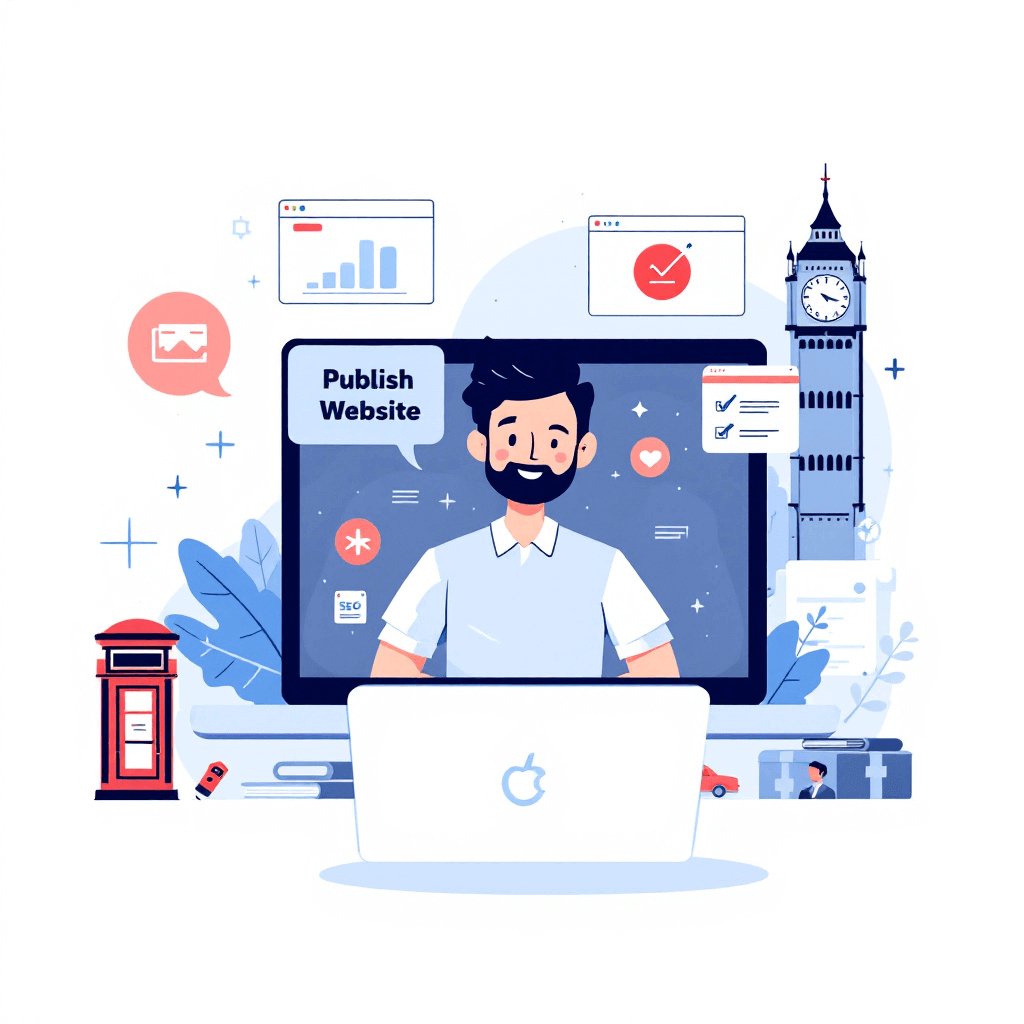 Illustration of a UK small business owner launching a new website with SEO tools, analytics, and domain setup on screen – 2025 website guide