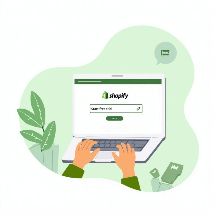 Sign Up for Shopify Free Trial – Step-by-Step Guide UK (2025) | AdScaleo™ Illustration of a UK user signing up for a Shopify free trial on laptop – step 1 in Shopify store setup (2025)