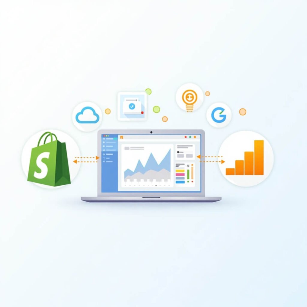 Illustration showing Shopify logo and Google Analytics 4 dashboard on a laptop screen, with cloud icons, graphs, and data arrows indicating conversion tracking setup in 2025