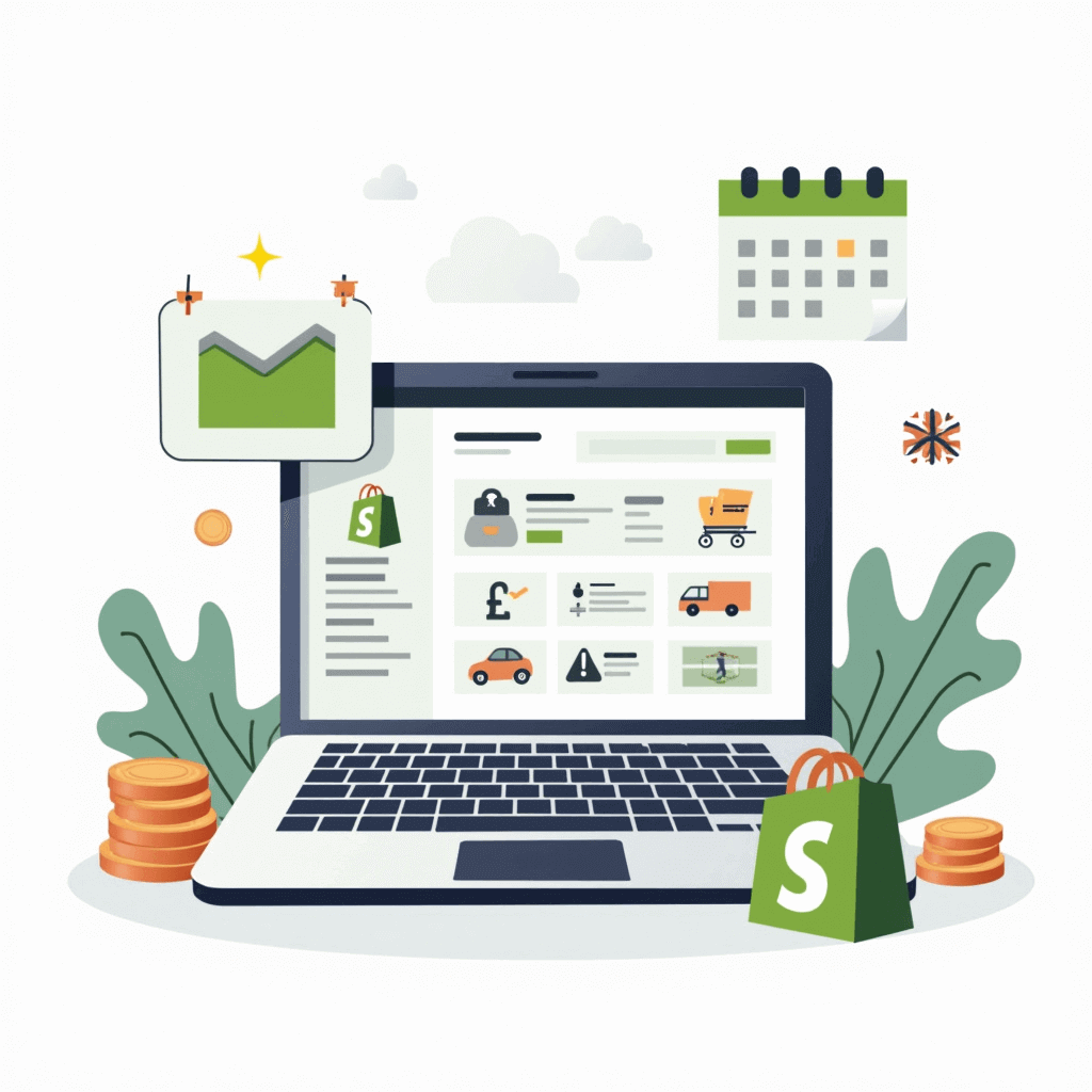 llustration of a how to setup a Shopify store in the UK on a laptop in 2025 with calendar, GBP symbol, and online shopping dashboard