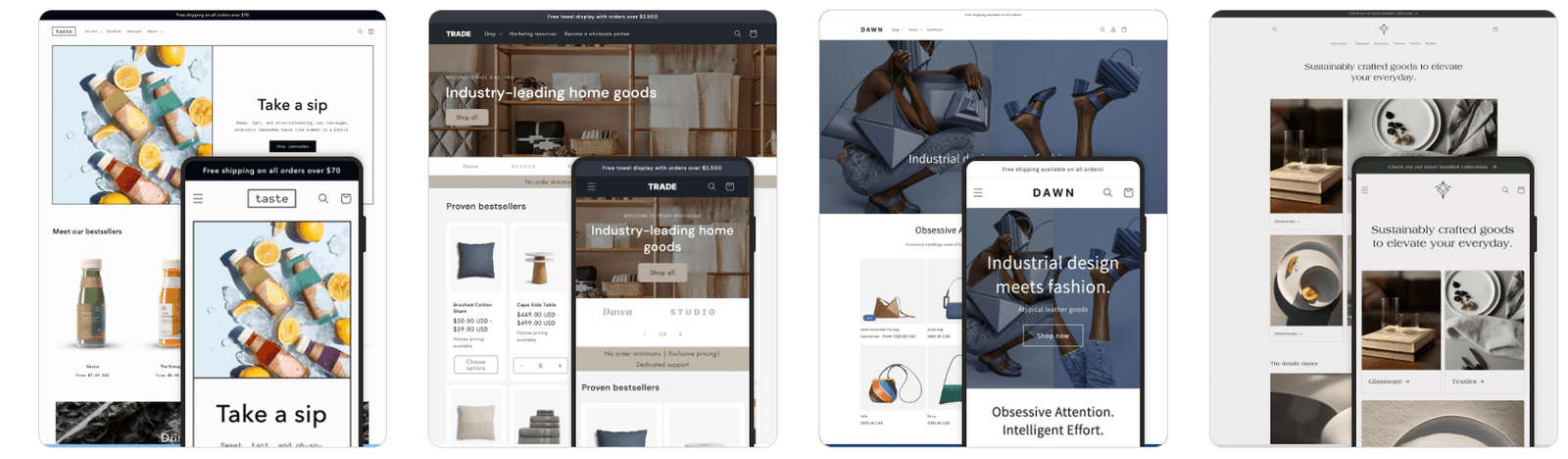 Preview of Shopify themes for UK store design – mobile and desktop views