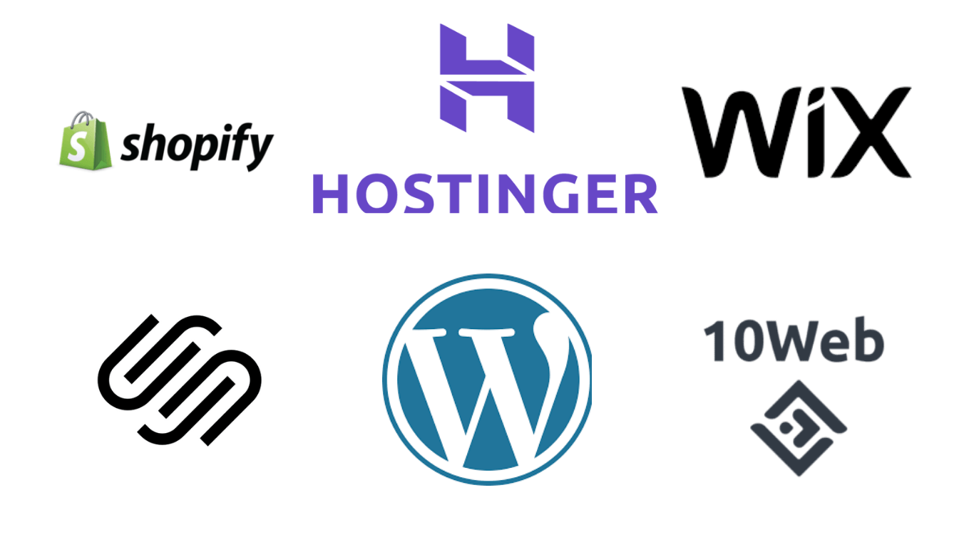 Top Website Builders for UK Small Businesses – Platform Logos (2025) Logos of top website builders in 2025 including Shopify, Hostinger, Wix, WordPress, Squarespace, and 10Web – ideal for UK small business websites