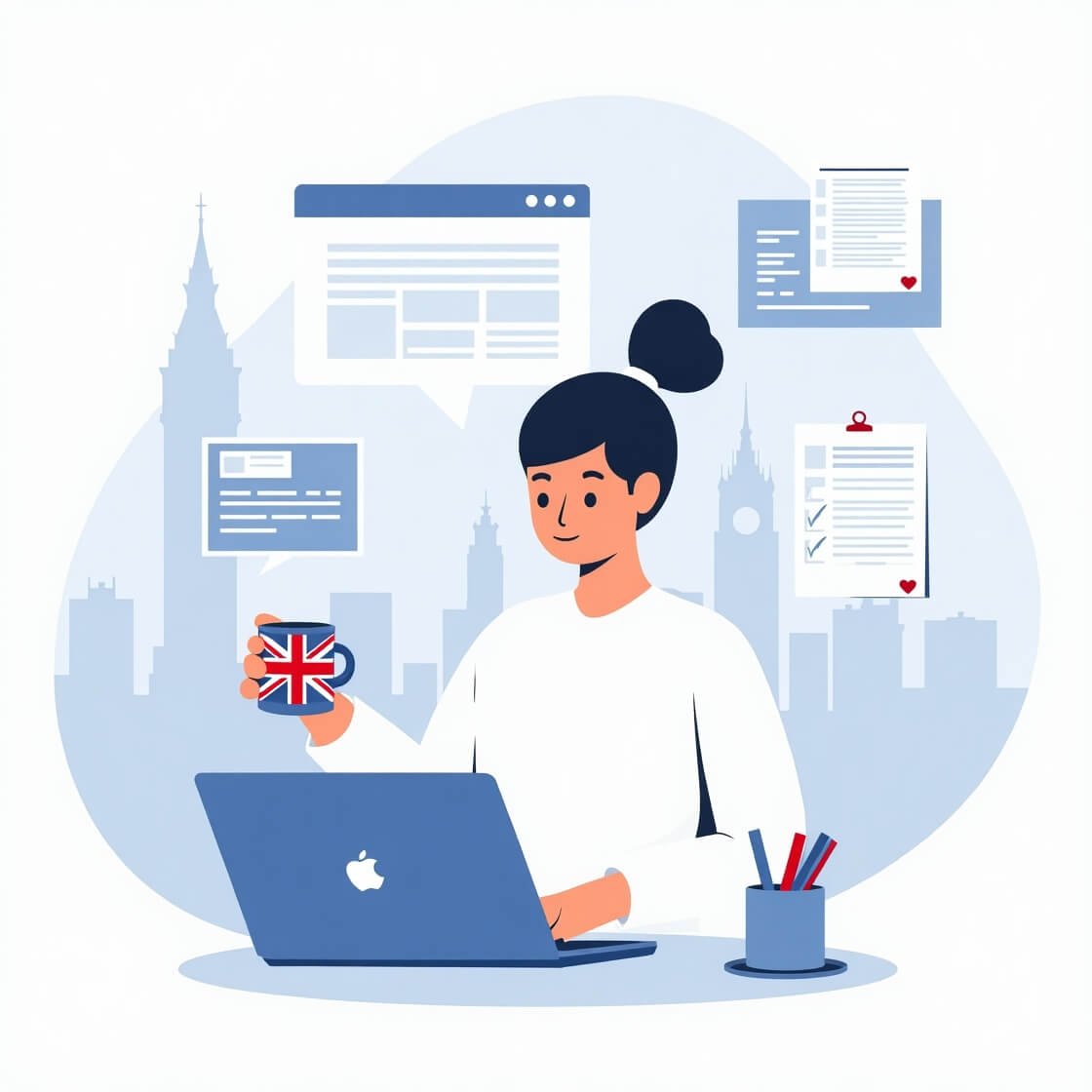 Flat illustration of a UK small business owner creating local SEO content for digital marketing strategy