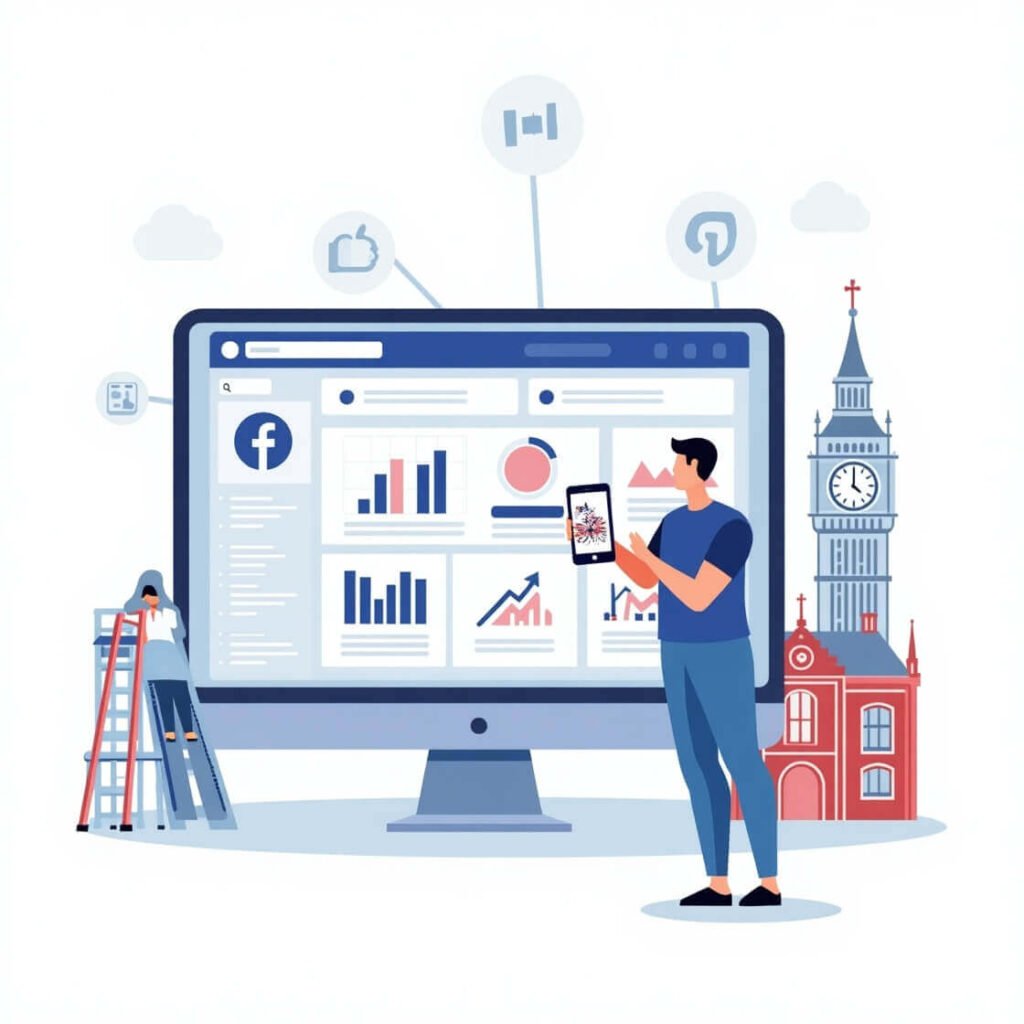 Illustration of Facebook Ads Manager setup for UK small business – showing Meta dashboard, campaign targeting, and analytics features