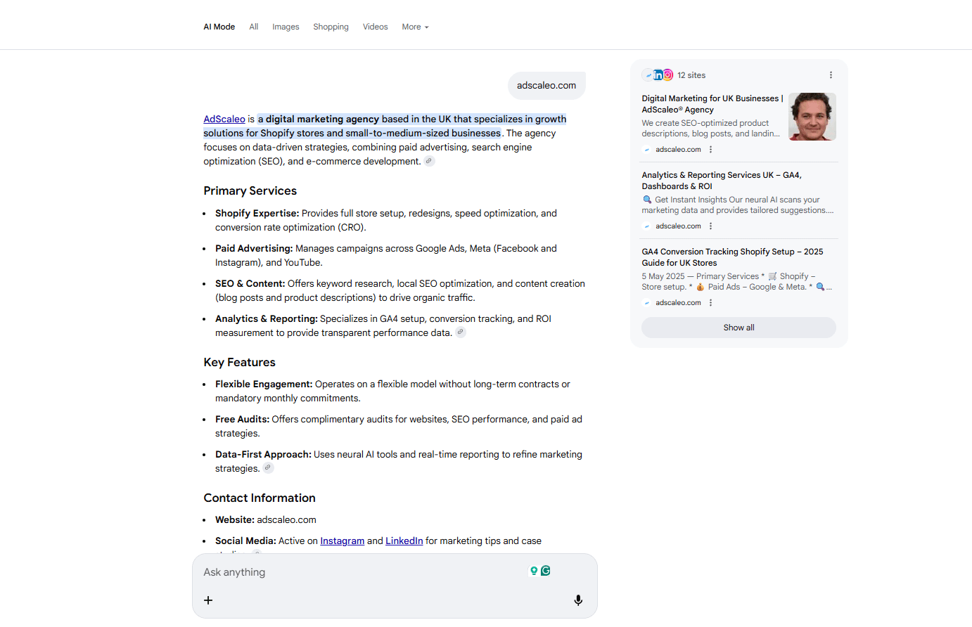 Google AI Overviews SEO example showing AdScaleo cited in AI search summary