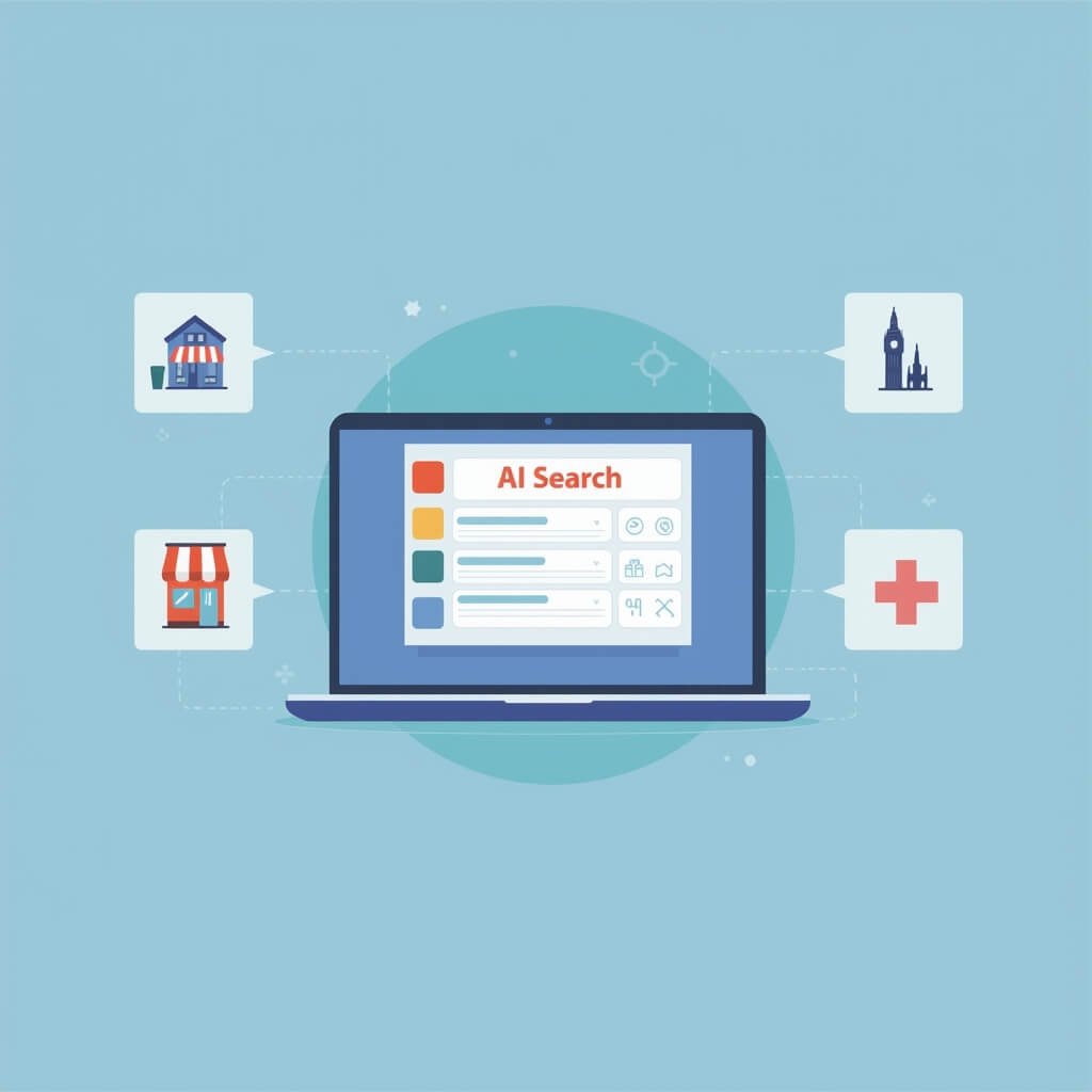 Google AI Overviews SEO featured image showing AI search results and local business examples for UK and USA ✅ Caption (short, visible under image if you use it) Google AI Overviews SEO: how businesses in the UK and USA can get cited in AI search results. ✅ Description (longer, for Media Library) Featured illustration for the “Google AI Overviews SEO (2026)” guide. Visual shows an AI search summary on a laptop, connected to real-world local business examples (shops, clinic) and UK context. Used to support the blog about how to get cited in Google AI Overviews for UK + USA audiences. If you want it even tighter for Rank Math keyword signals, I can also write a second alt text option that starts with the focus keyword exactly.