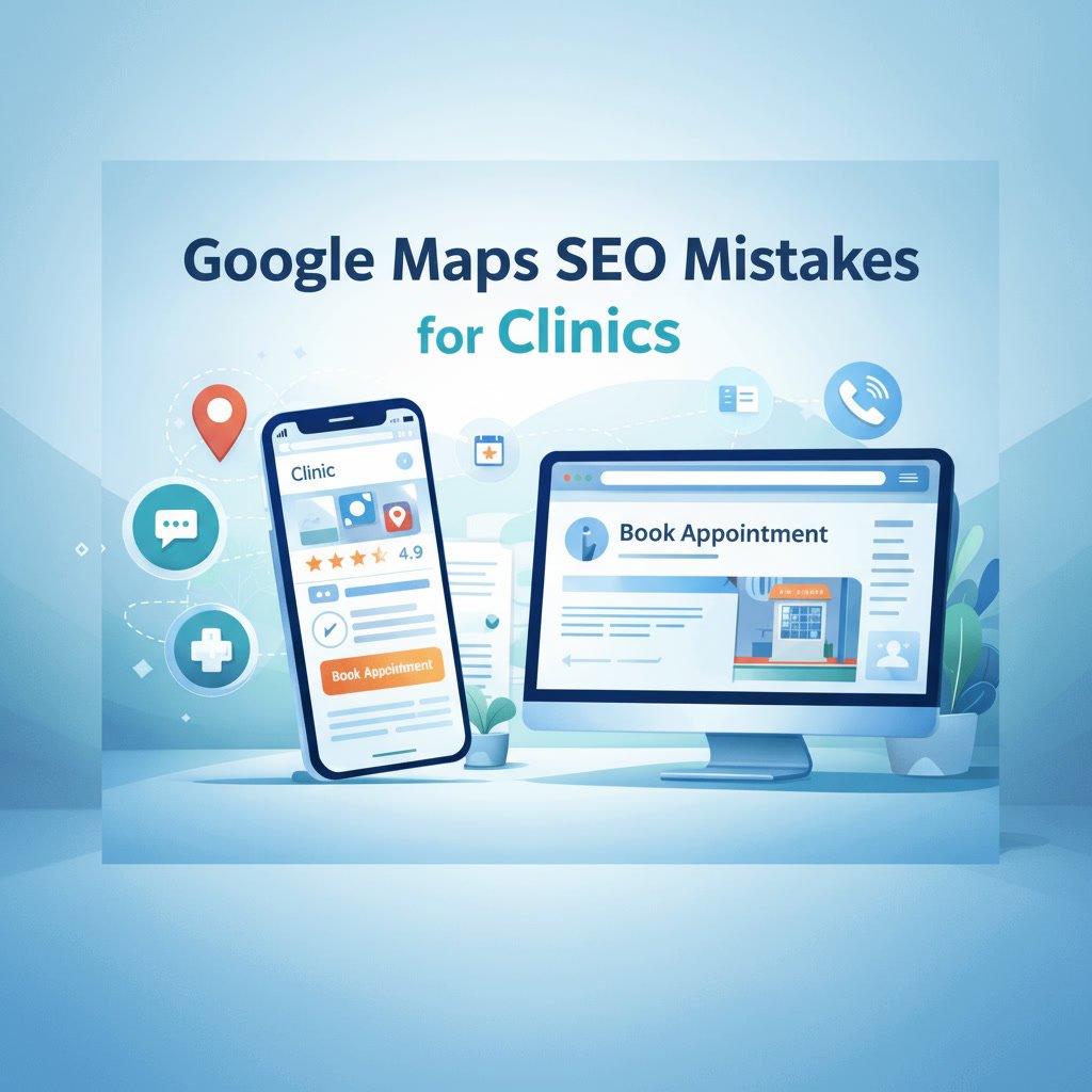 Google Maps SEO mistakes for clinics featured image showing Google Business Profile listing and booking page