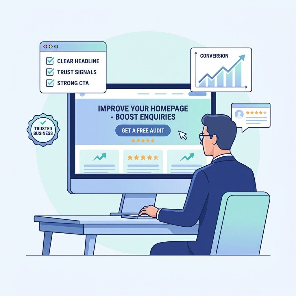 Illustration showing how to improve your homepage for more enquiries with clearer messaging trust signals and stronger calls to action
