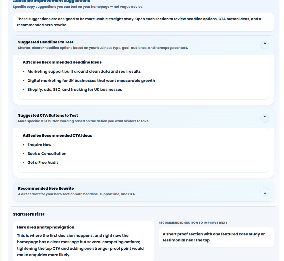 Screenshot showing how to improve your homepage for more enquiries with headline CTA and hero rewrite suggestions