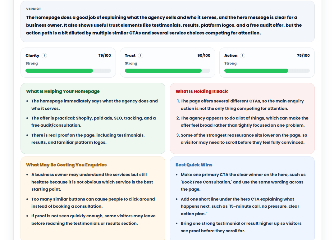 Example screenshot showing how to improve your homepage for more enquiries by reviewing trust signals clarity action and enquiry friction