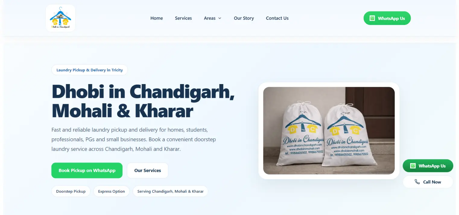 Desktop homepage of the Dhobi in Chandigarh laundry service website