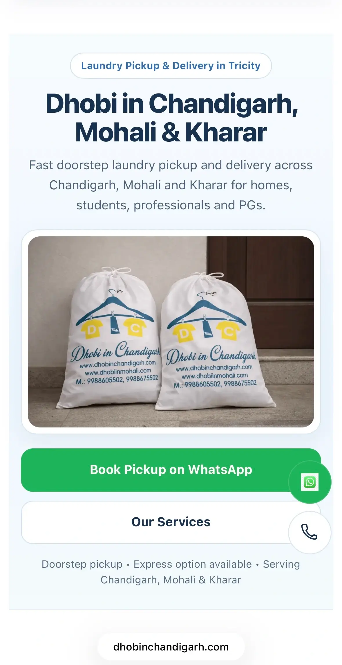 Mobile homepage of the Dhobi in Chandigarh laundry service website